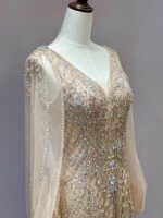 金色開衩滿鑽披肩媽媽禮服