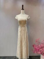 香檳金圓領裸紗小蓋袖媽媽禮服