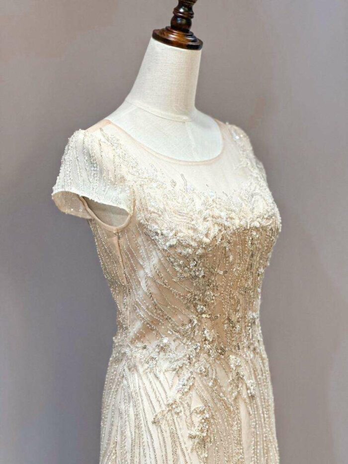 香檳金圓領裸紗小蓋袖媽媽禮服