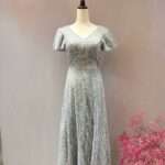 水藍銀亮片公主袖A字裙媽媽禮服