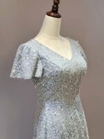 水藍銀亮片公主袖A字裙媽媽禮服