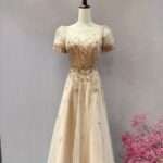 金色排鑽公主袖A字紗裙媽媽禮服