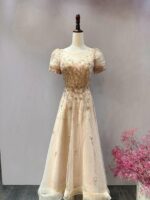 金色排鑽公主袖A字紗裙媽媽禮服