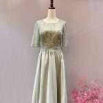 灰色半袖蕾絲紗裙媽媽禮服