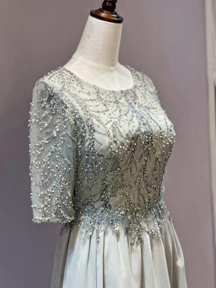 灰色半袖蕾絲紗裙媽媽禮服