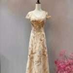 粉橘V領花紋亮片紗裙媽媽禮服