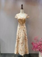 粉橘V領花紋亮片紗裙媽媽禮服