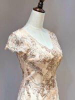 粉橘V領花紋亮片紗裙媽媽禮服