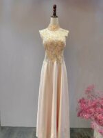 粉色高領蕾絲緞面裙媽媽禮服