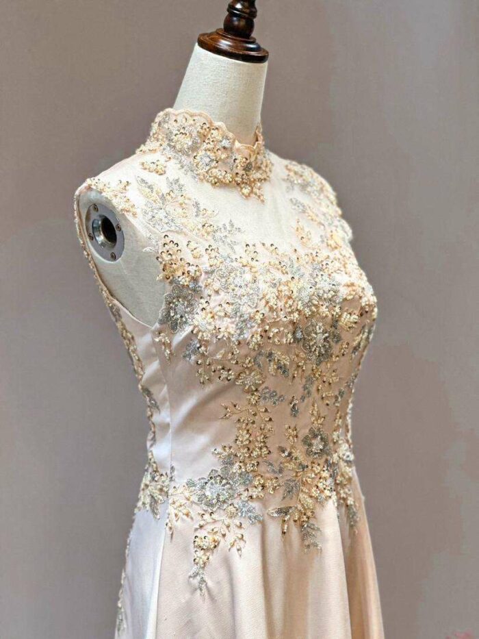 粉色高領蕾絲緞面裙媽媽禮服