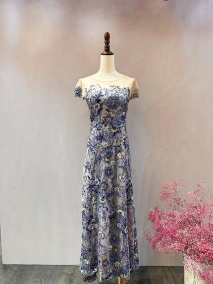藍色蕾絲短袖圓領空紗媽媽禮服