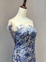 藍色蕾絲短袖圓領空紗媽媽禮服