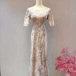 藕紫蕾絲花紋魚尾媽媽禮服