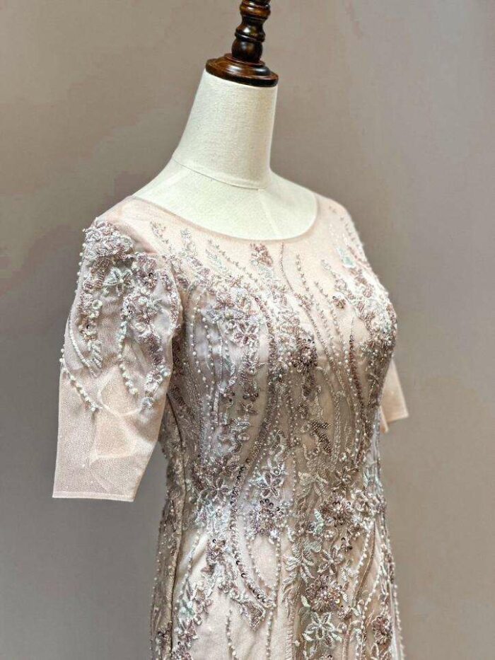 藕紫蕾絲花紋魚尾媽媽禮服