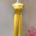 檸檬黃韓國緞碎鑽媽媽禮服