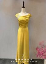 檸檬黃韓國緞碎鑽媽媽禮服