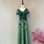 墨綠色短袖公主裙刺繡媽媽禮服