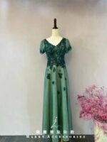 墨綠色短袖公主裙刺繡媽媽禮服