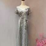 銀色圓領空紗蕾絲媽媽禮服