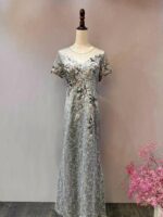 銀色圓領空紗蕾絲媽媽禮服