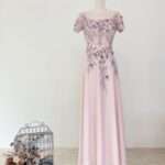 粉色韓國緞面立體刺繡媽媽禮服