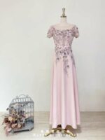 粉色韓國緞面立體刺繡媽媽禮服
