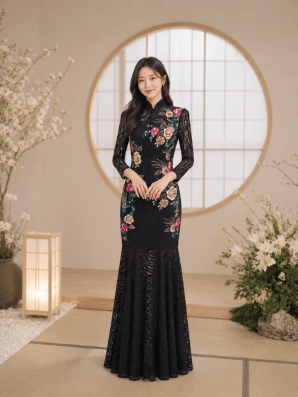 古典花紋刺繡蕾絲裙媽媽禮服