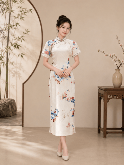 粉膚印花側排扣旗袍短媽媽禮服