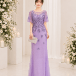 浪漫紫拼鑽碎花水袖紗裙媽媽禮服