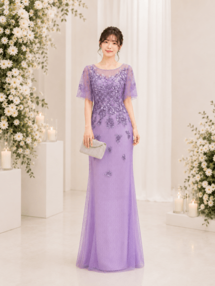 浪漫紫拼鑽碎花水袖紗裙媽媽禮服