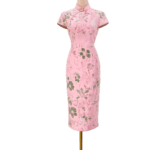 粉色綠葉立體刺繡短旗袍媽媽禮服