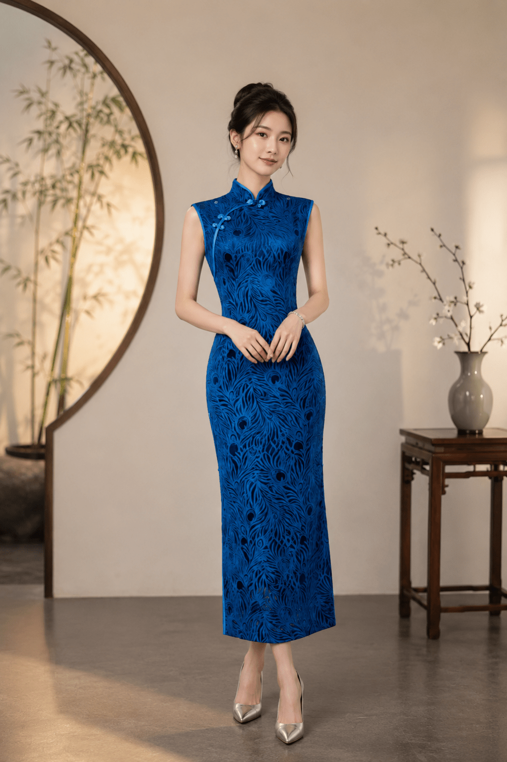 青藍刺繡紋路立領旗袍式媽媽禮服 青藍刺繡紋路立領旗袍式媽媽禮服