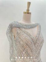 滿鑽香檳金領口肩袖開衩媽媽禮服