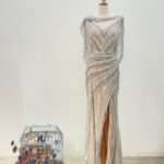 滿鑽香檳金領口肩袖開衩媽媽禮服