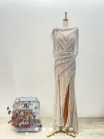 滿鑽香檳金領口肩袖開衩媽媽禮服