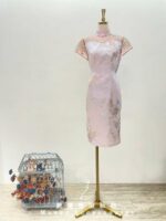 粉紫花紋蕾絲金線短旗袍媽媽禮服