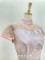 粉紫花紋蕾絲金線短旗袍媽媽禮服