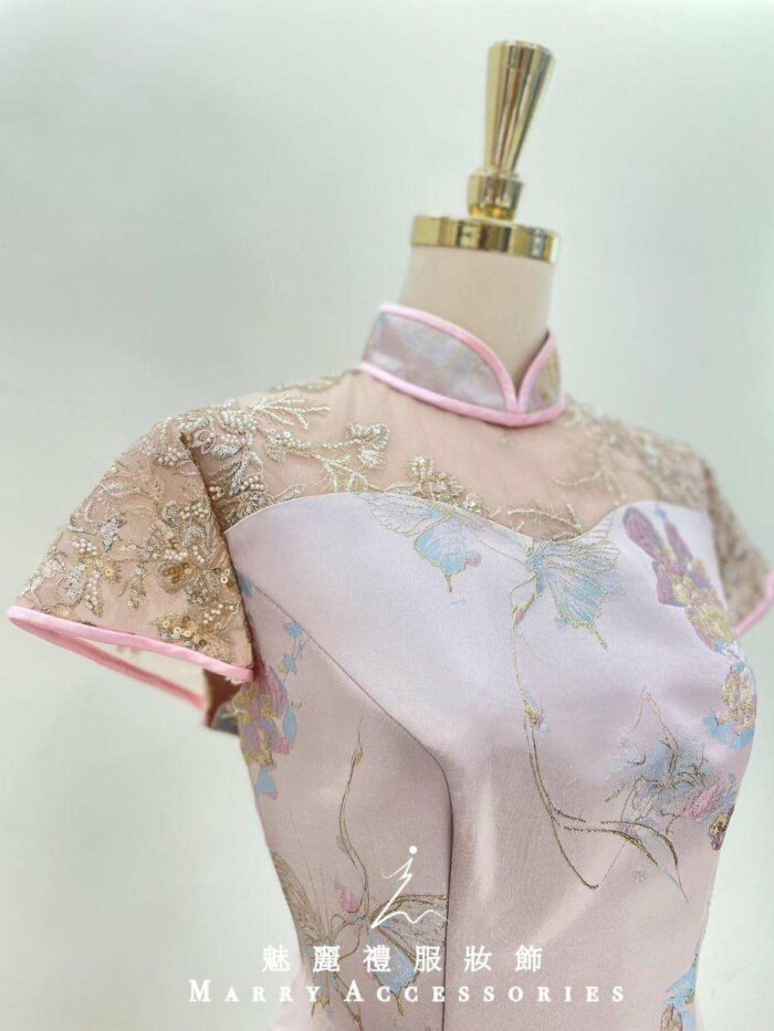 粉紫花紋蕾絲金線短旗袍媽媽禮服