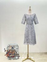 灰紫浮雕玫瑰蕾絲收腰短媽媽禮服