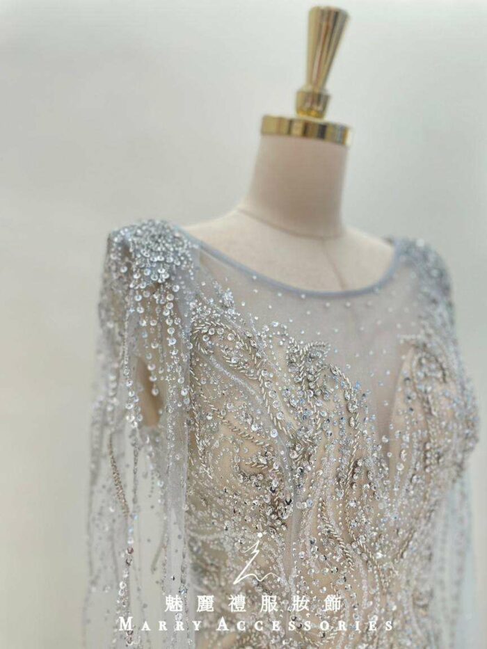 金銀珠鑽水袖披肩魚尾媽媽禮服