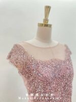 粉色包袖蕾絲串珠紗裙魚尾媽媽禮服