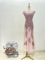 粉色包袖蕾絲串珠紗裙魚尾媽媽禮服