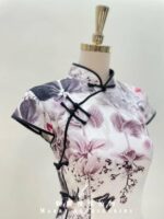 花葉水墨畫白旗袍短媽媽禮服
