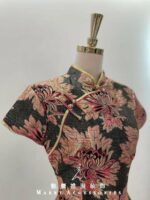 墨綠刺繡立體花紋旗袍短媽媽禮服