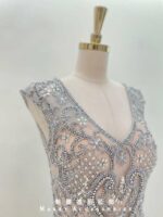 粉膚排鑽銀線紗裙V領媽媽禮服