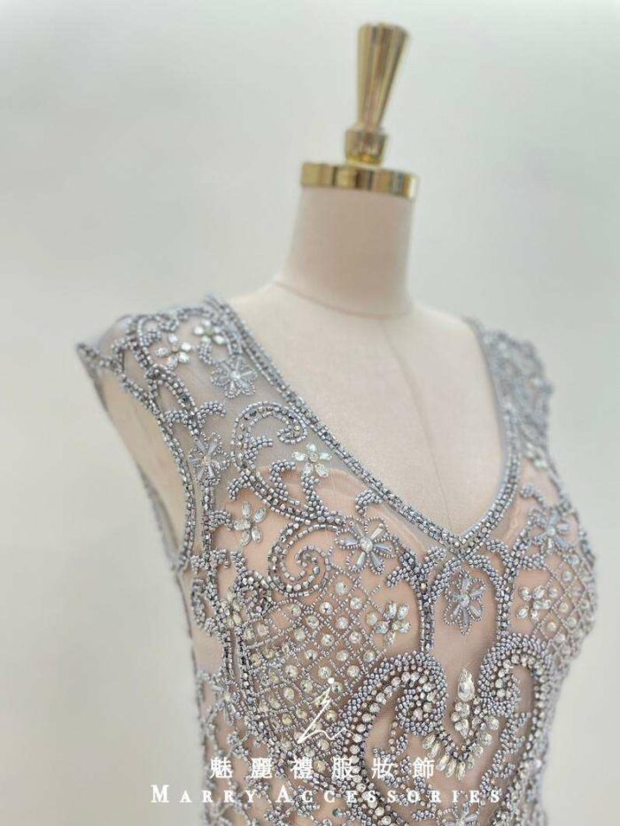 粉膚排鑽銀線紗裙V領媽媽禮服