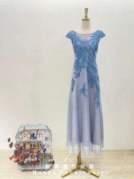 水藍串珠蕾絲包袖紗裙媽媽禮服