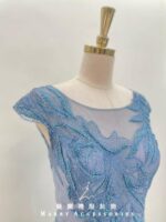 水藍串珠蕾絲包袖紗裙媽媽禮服