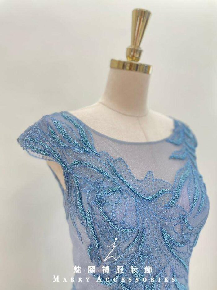 水藍串珠蕾絲包袖紗裙媽媽禮服