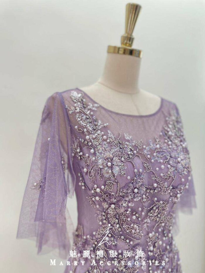 浪漫紫拼鑽碎花水袖紗裙媽媽禮服